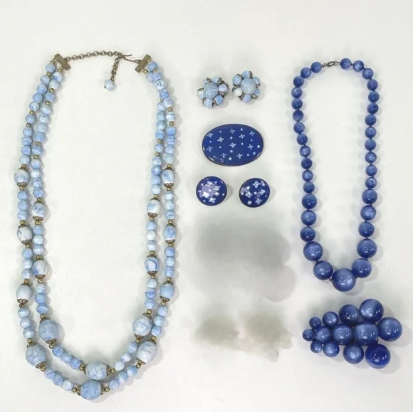 Antique Blue Beaded Necklace Earring Set Moon Glow Necklace Dress Clip Brooch - Picture 4 of 10